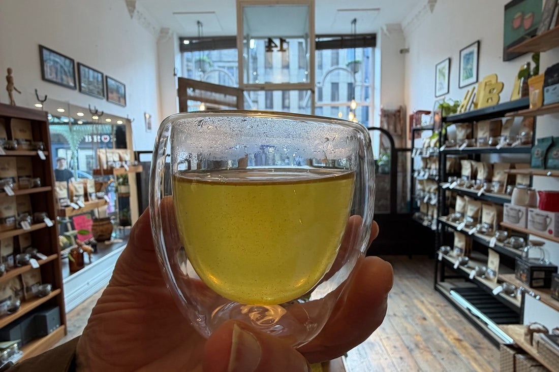 A glass of green tea in the Porter Hill shop