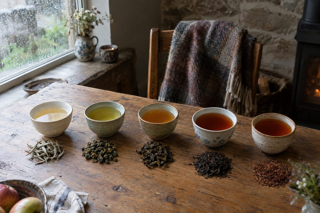 Different types of tea showing varying caffeine levels from pale white tea to dark black tea on oak table
