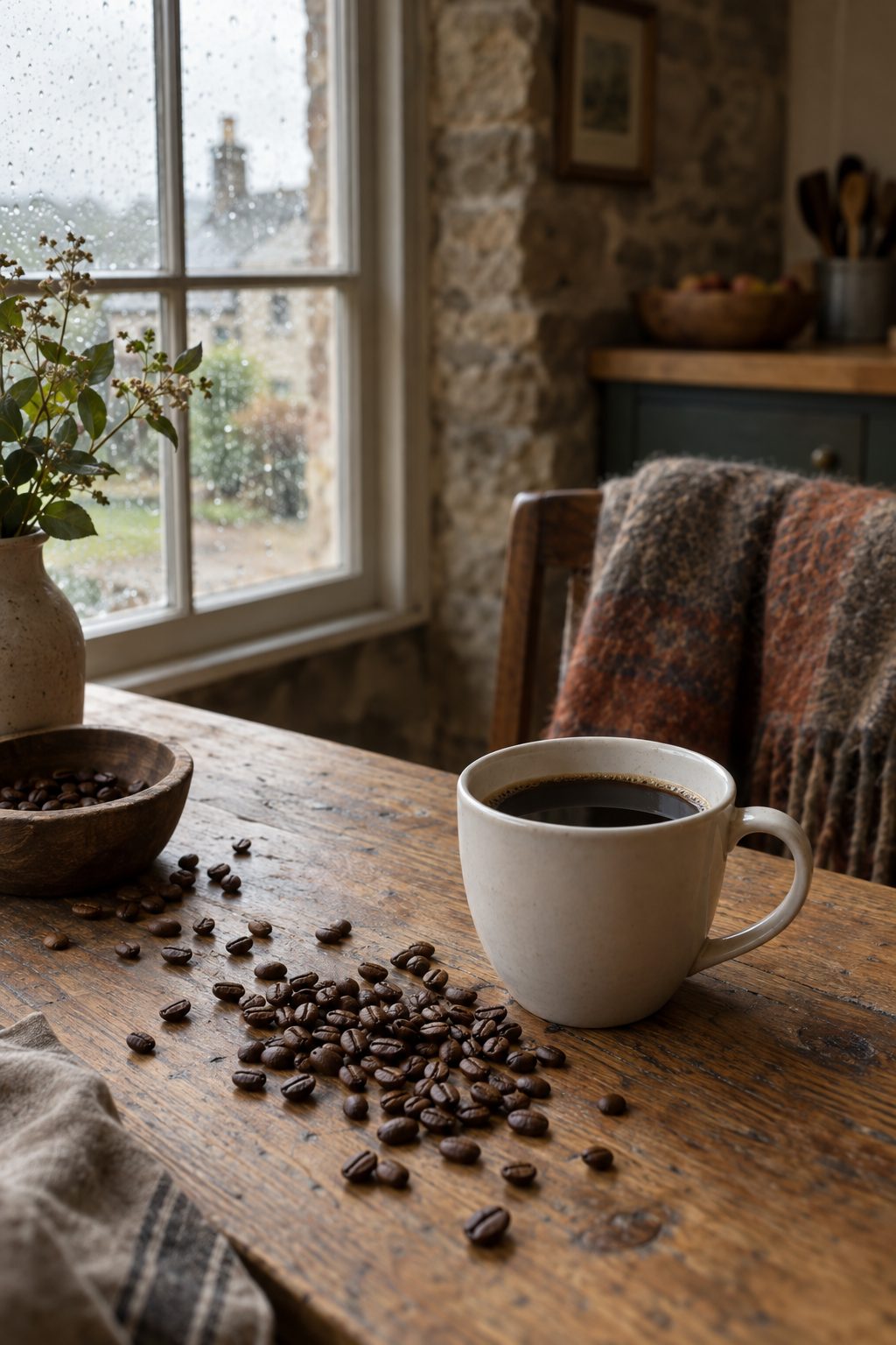 Roasted coffee beans scattered on an oak table beside a cup of black coffee in natural light