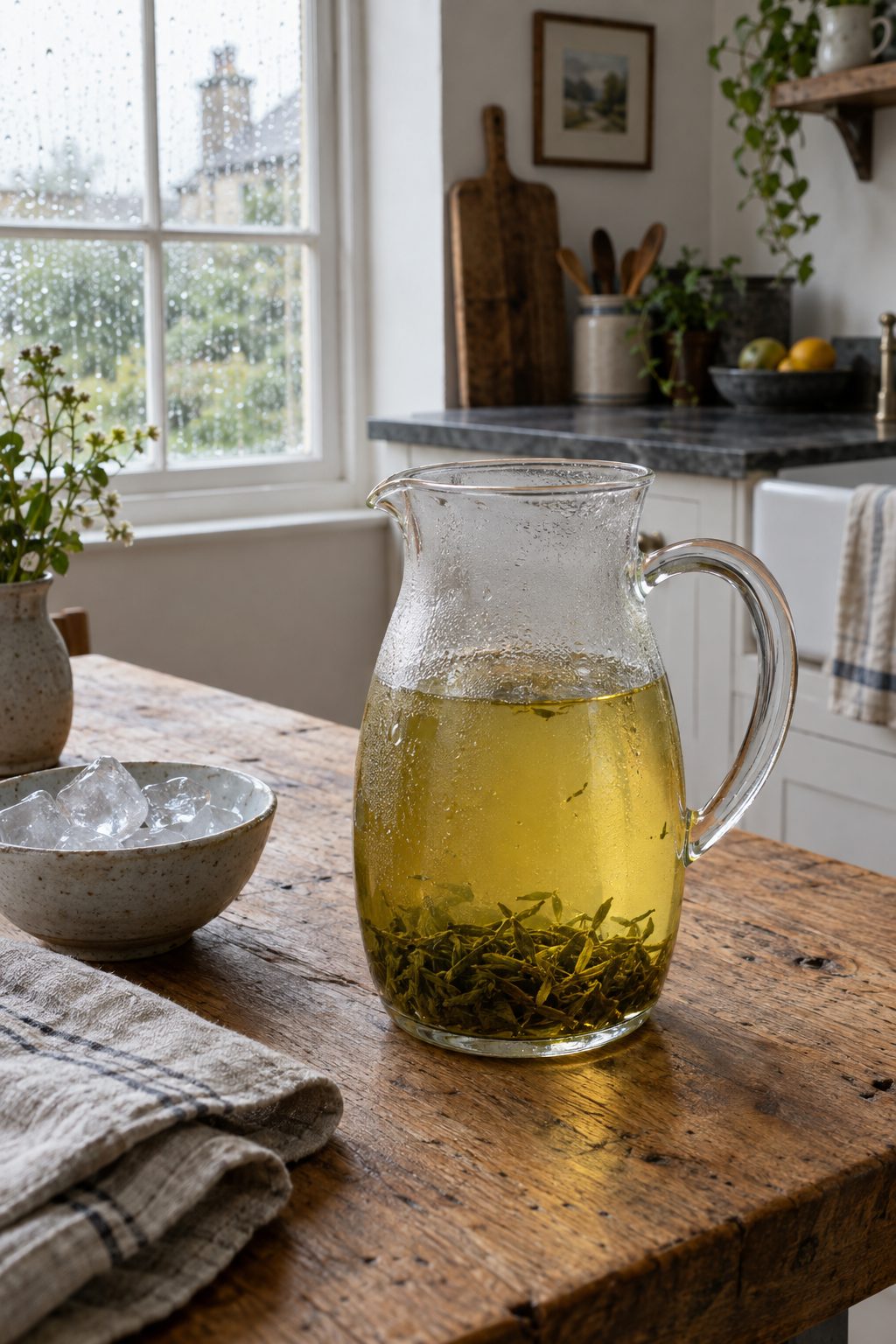 Glass pitcher of cold brew green tea with condensation on a rustic oak table in natural light