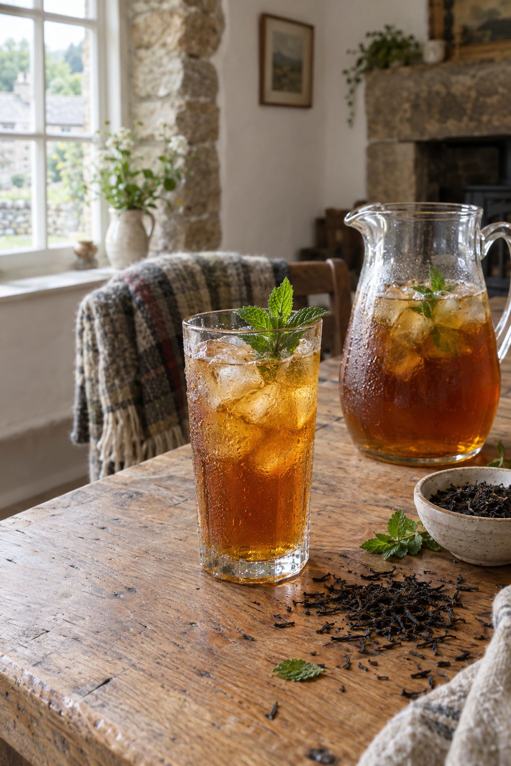 Glass of homemade iced tea with mint on an oak table showing how to make iced tea