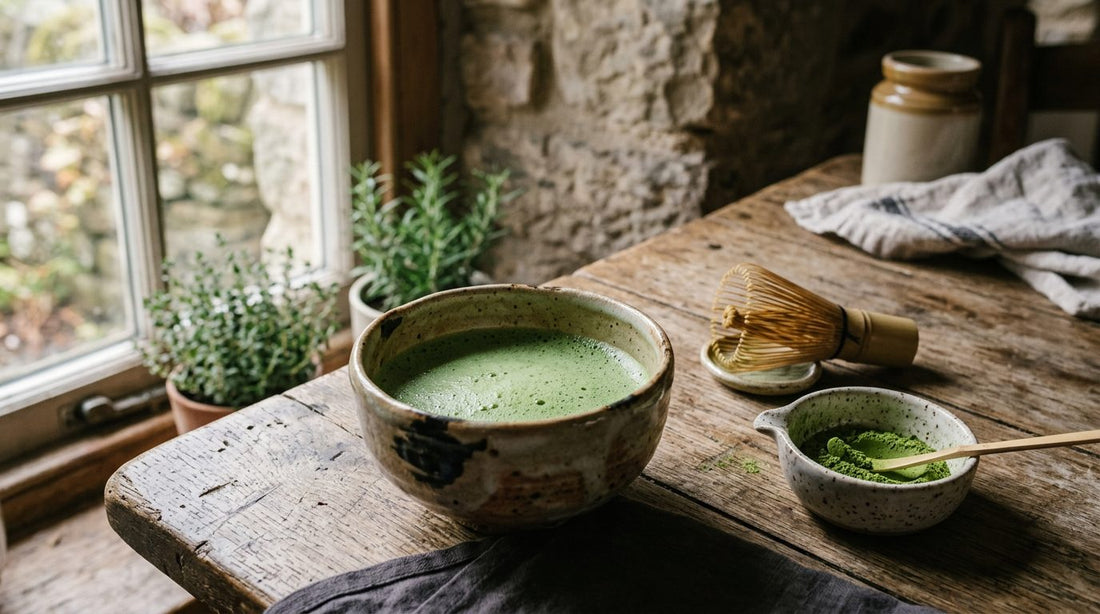 Freshly whisked bowl of matcha with fine foam beside a bamboo whisk on an oak table