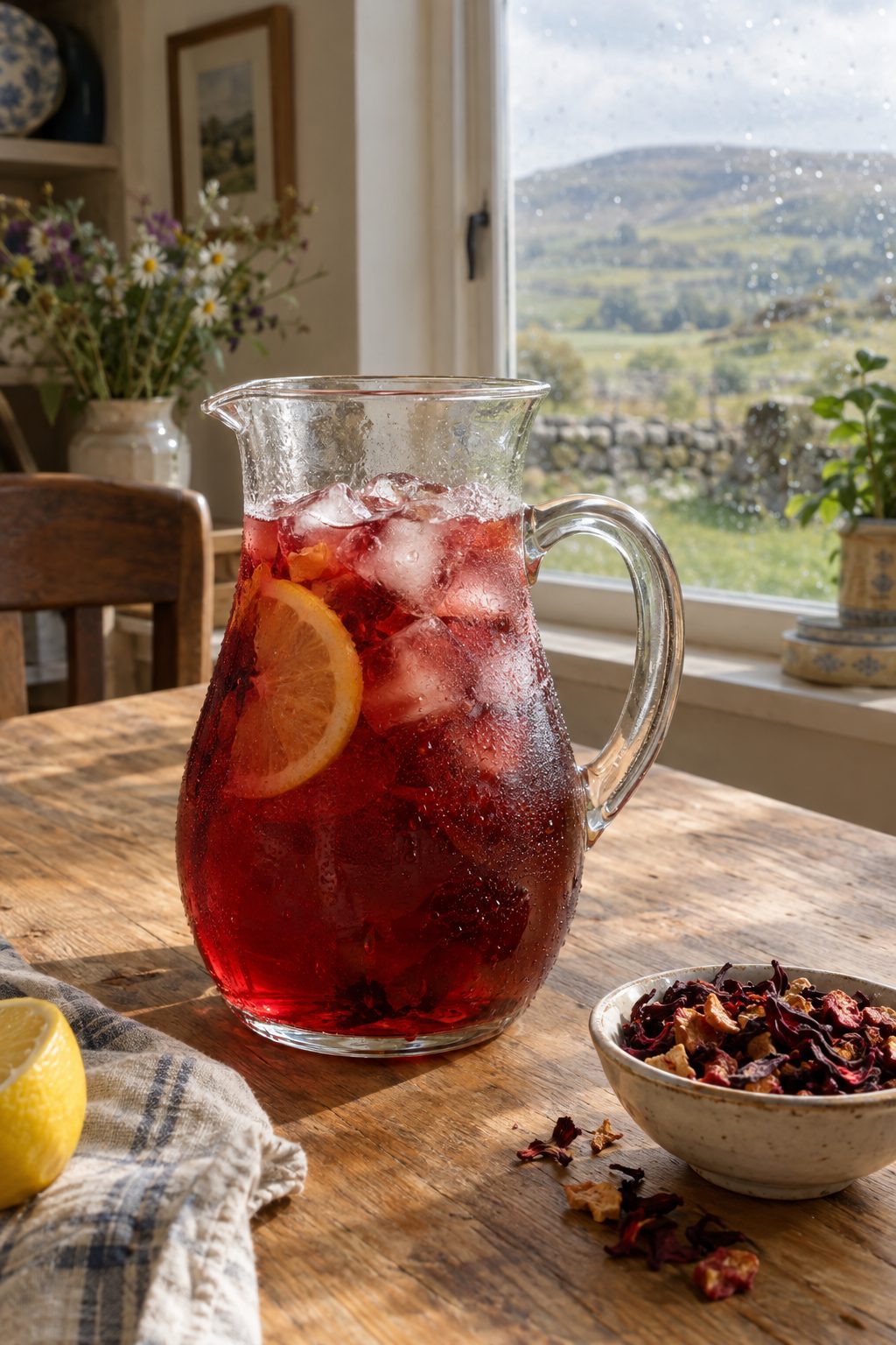 Glass pitcher of ruby fruit iced tea with ice and lemon on an oak table by a sunny window