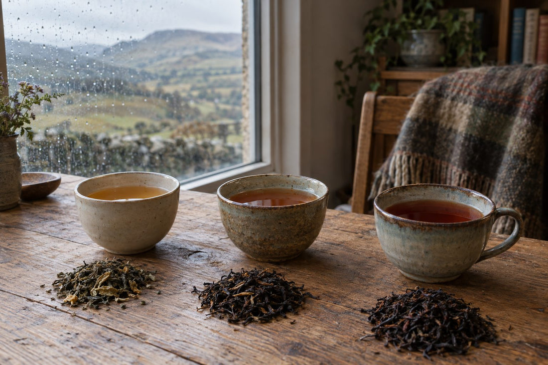 Three cups of Indian tea showing different liquor colours from Assam Darjeeling and Nilgiri regions