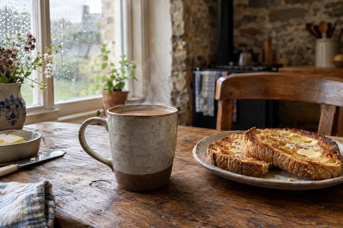 A mug of Irish Breakfast tea with milk beside buttered toast on a kitchen table