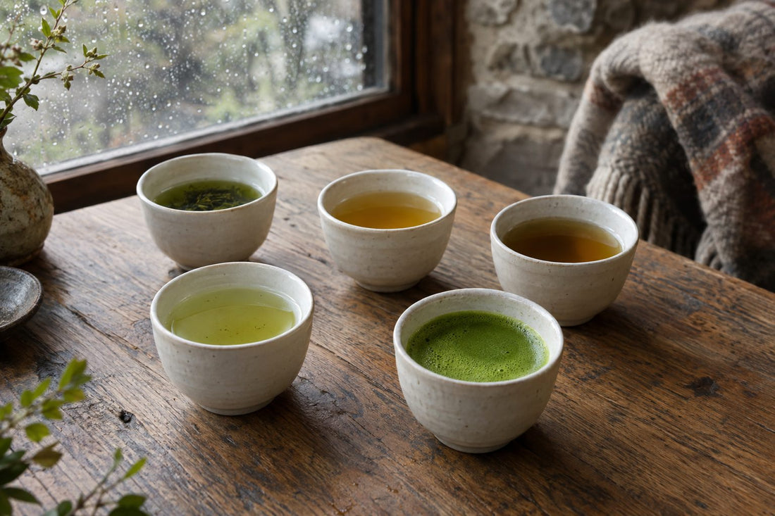 Five cups of Japanese green tea showing colour variations from sencha to matcha on an oak table