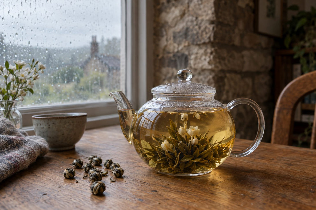Jasmine pearls unfurling in a glass teapot with pale golden tea on an oak table