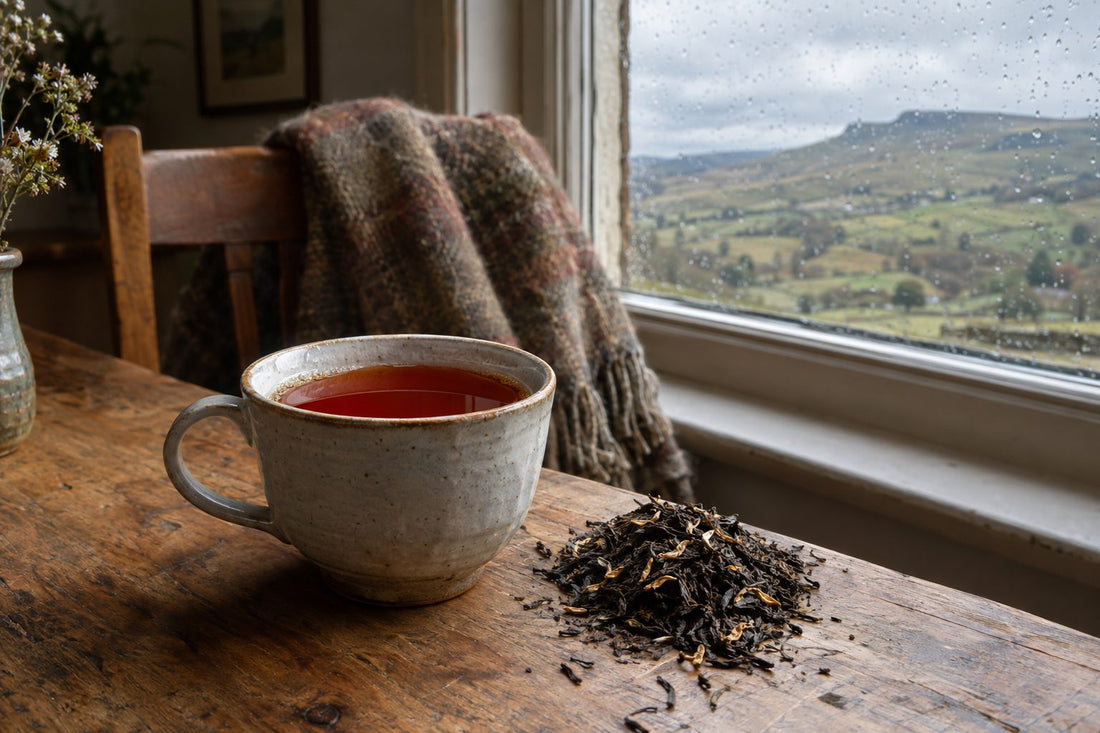 Cup of bright coppery Kenyan black tea with loose leaf on an oak table