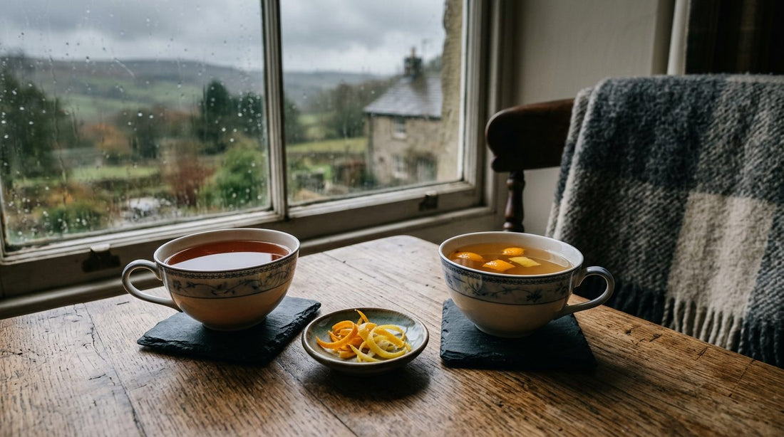 Two cups of tea comparing Lady Grey and Earl Grey on an oak table with citrus peel