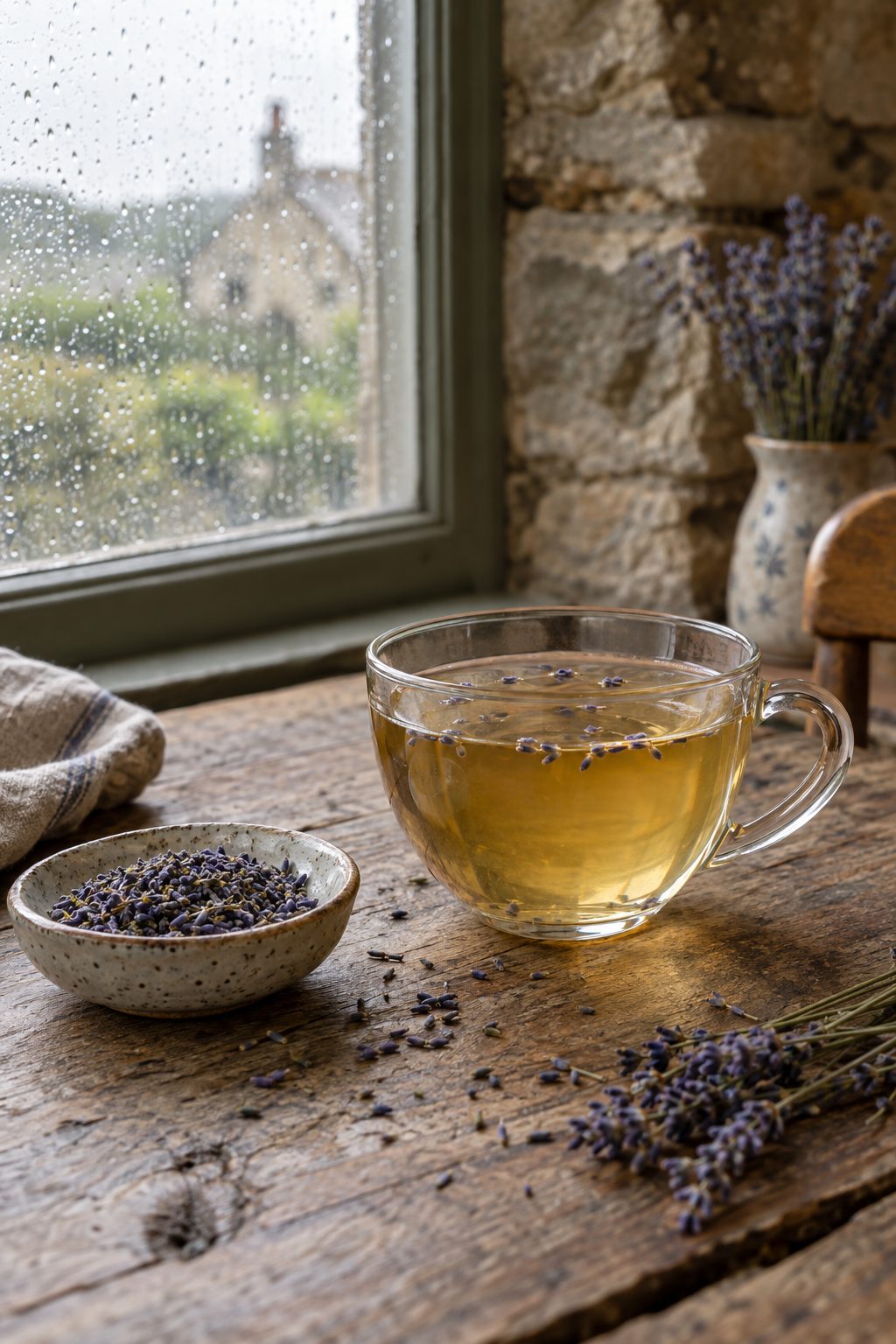 Glass cup of pale lavender tea with dried lavender buds on an oak table in soft window light