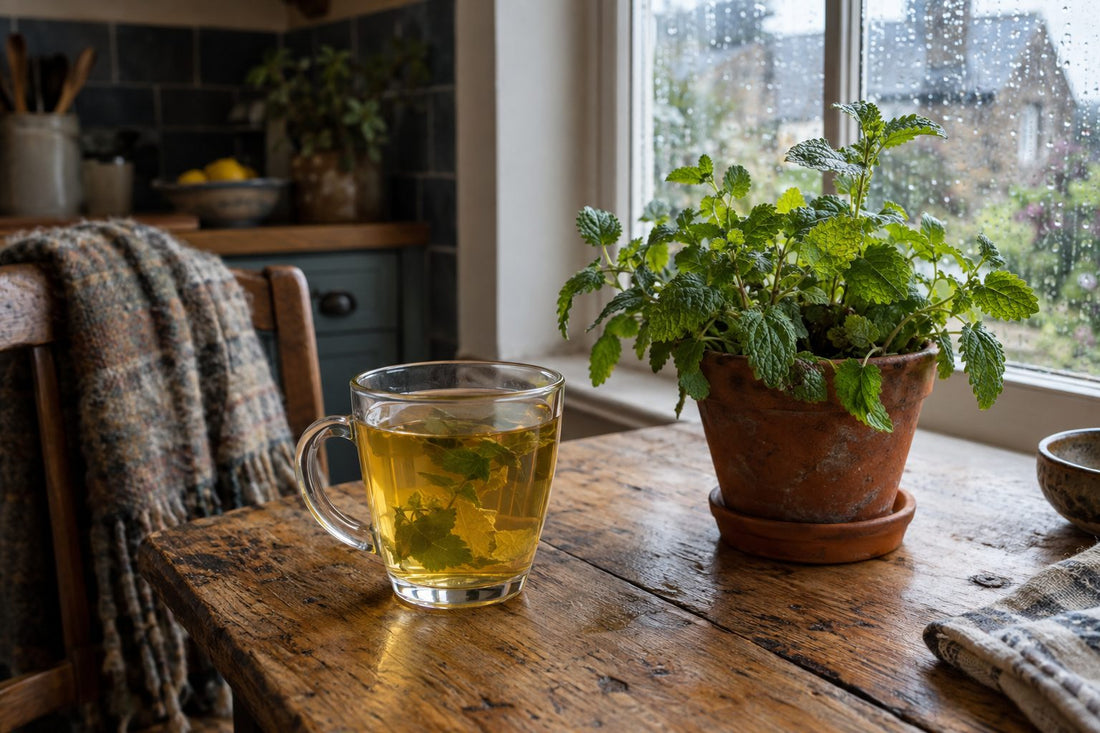 Glass mug of pale golden lemon balm tea beside a pot of fresh lemon balm leaves on an oak table