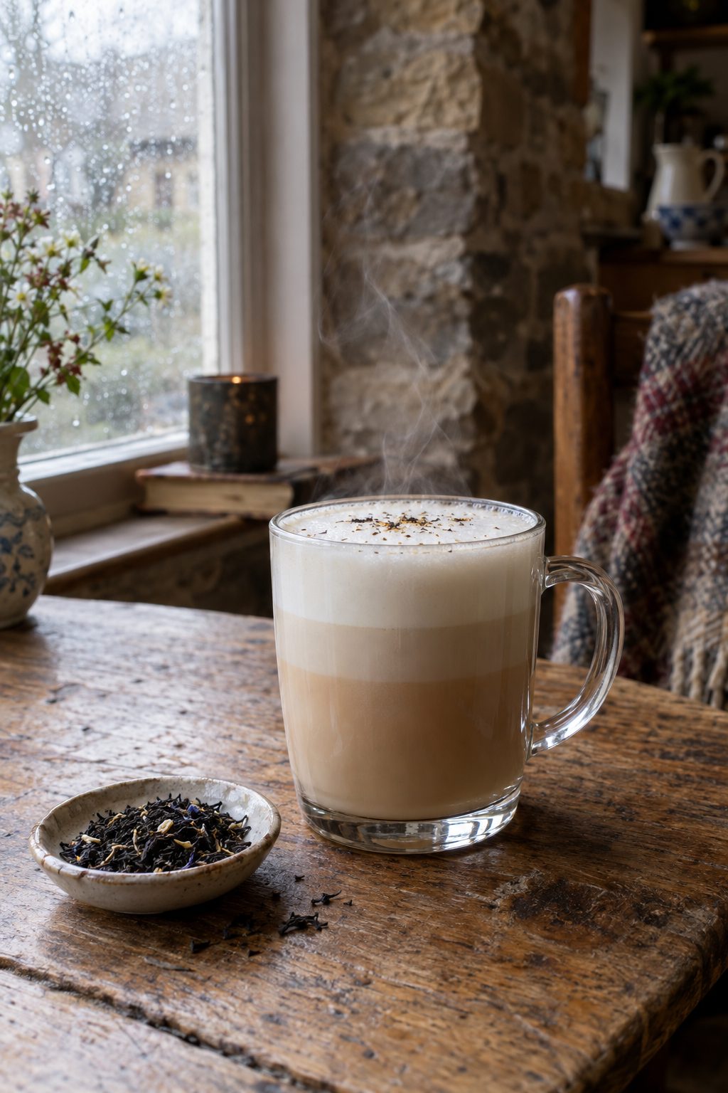 London Fog tea latte in a glass mug with steamed milk foam and loose Earl Grey leaves