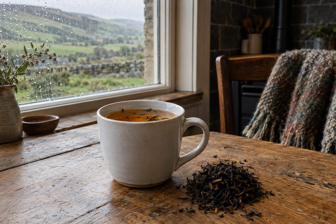 Loose leaf tea brewed in a white mug without an infuser on an oak table