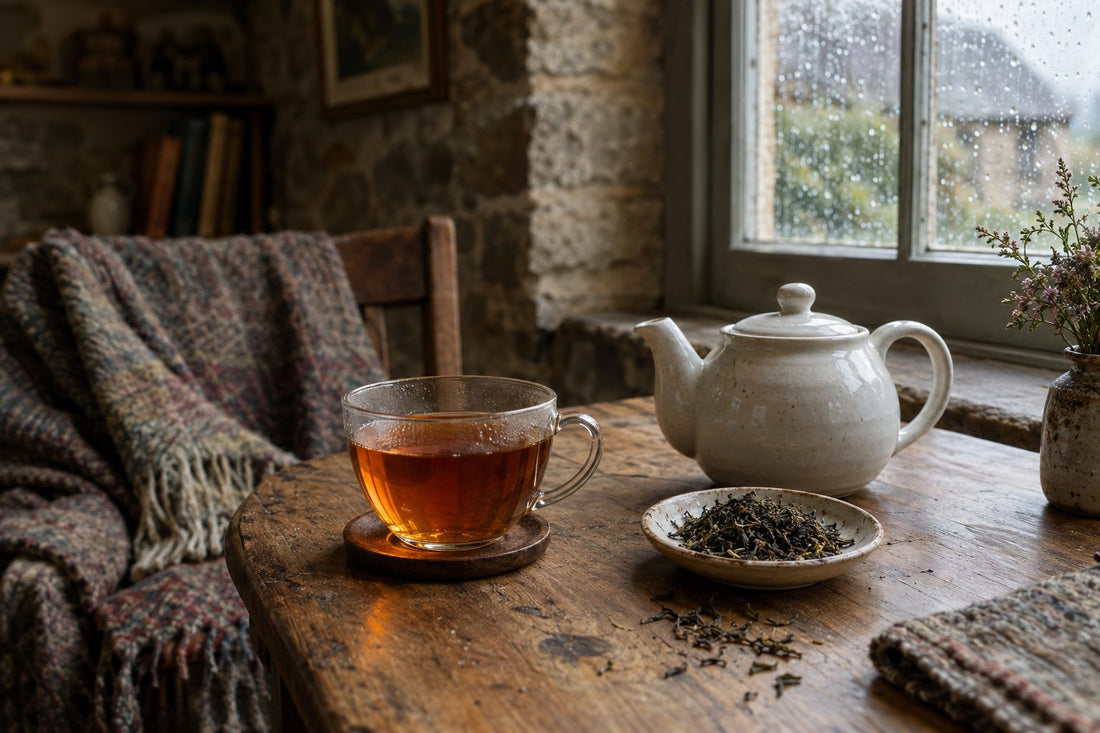 Glass cup of amber Darjeeling tea with loose leaves on an oak table in soft natural light
