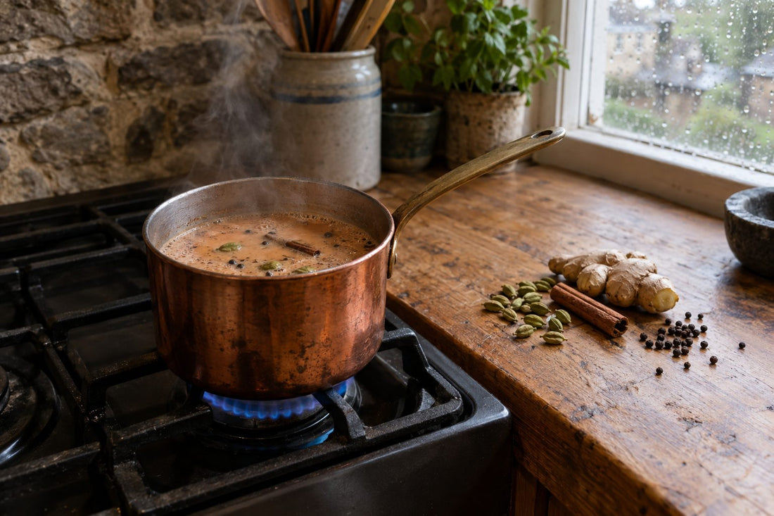Masala chai simmering in a copper saucepan with cardamom, cinnamon and ginger on an oak worktop