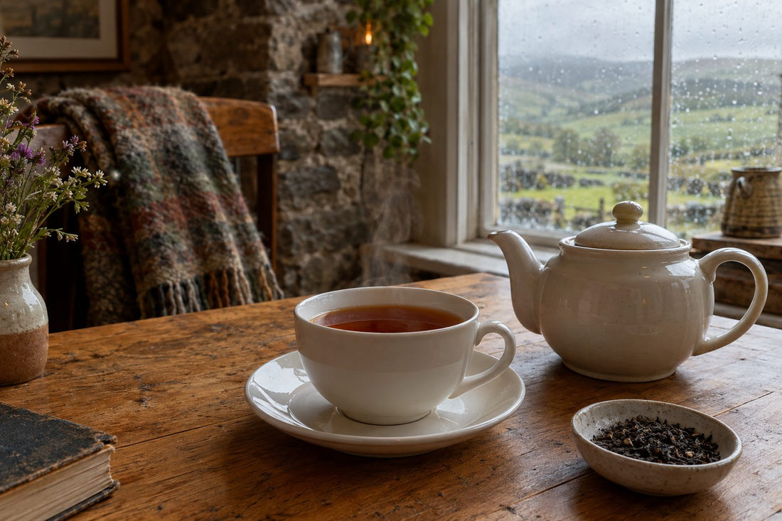 Cup of English breakfast tea with amber liquor on an oak table by a rainy window