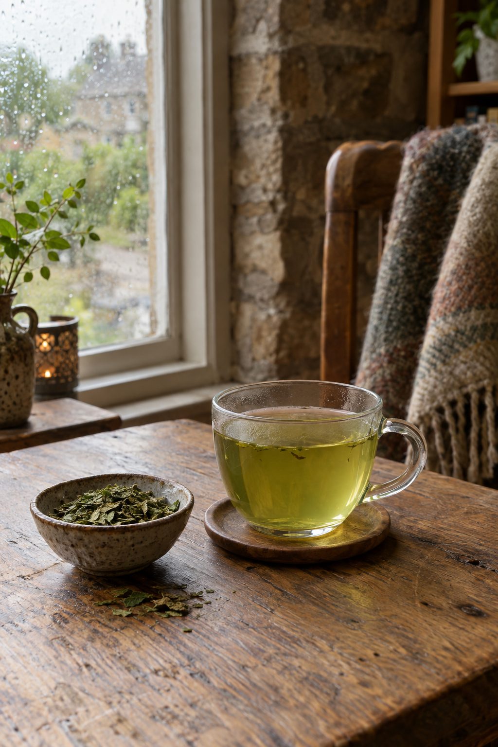 Pale green moringa tea in a glass cup beside dried moringa leaves on an oak table