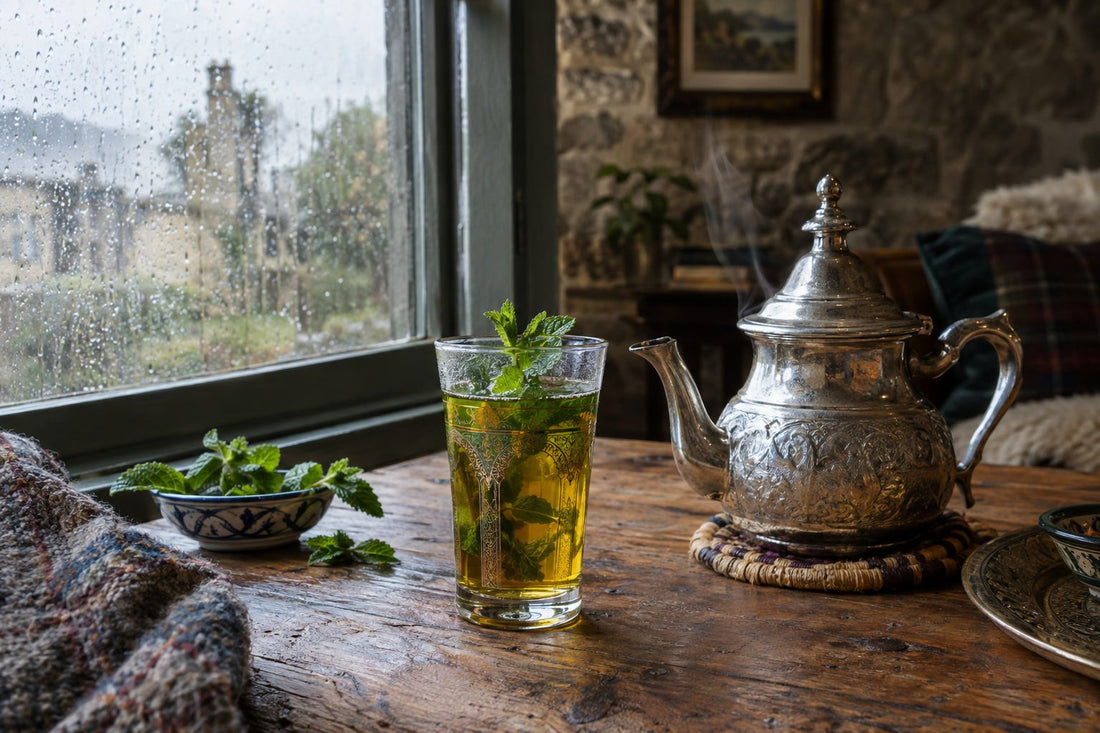 Glass of Moroccan mint tea with fresh spearmint beside a traditional silver teapot on an oak table