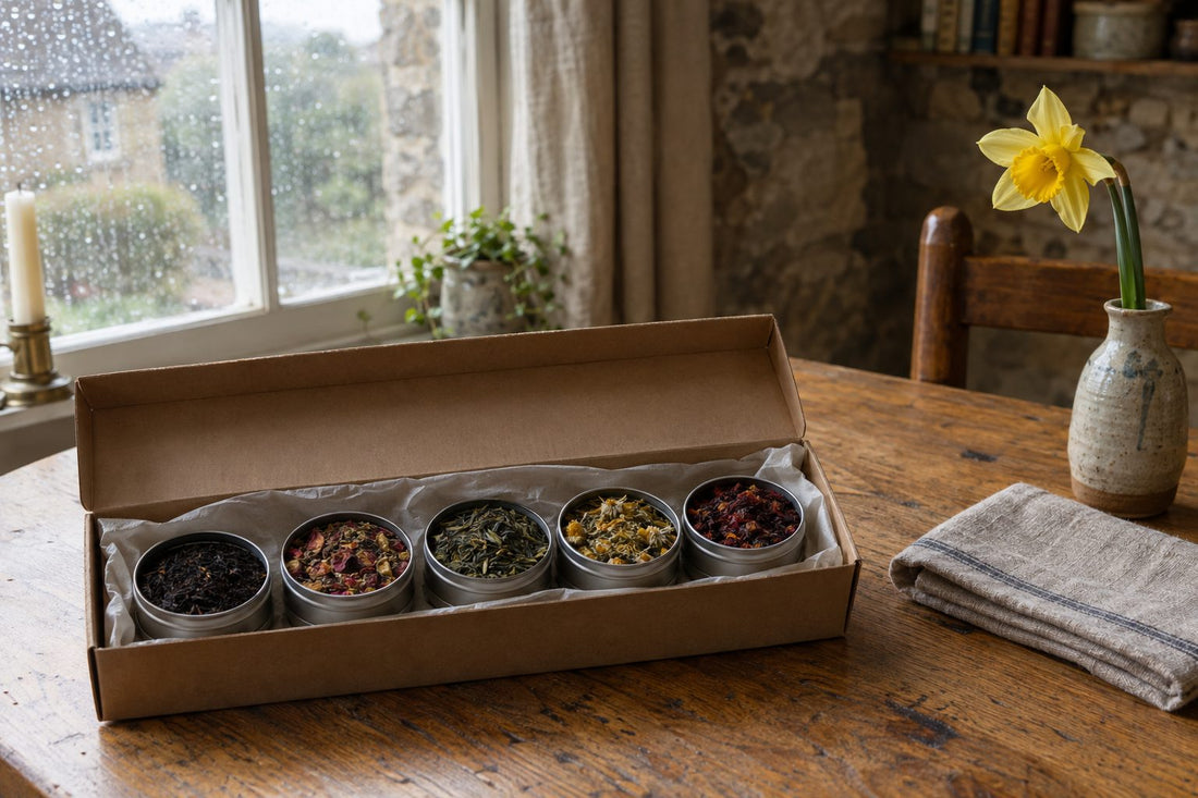 Letterbox tea gift box open on oak table showing five loose leaf tea sample tins for Mother's Day