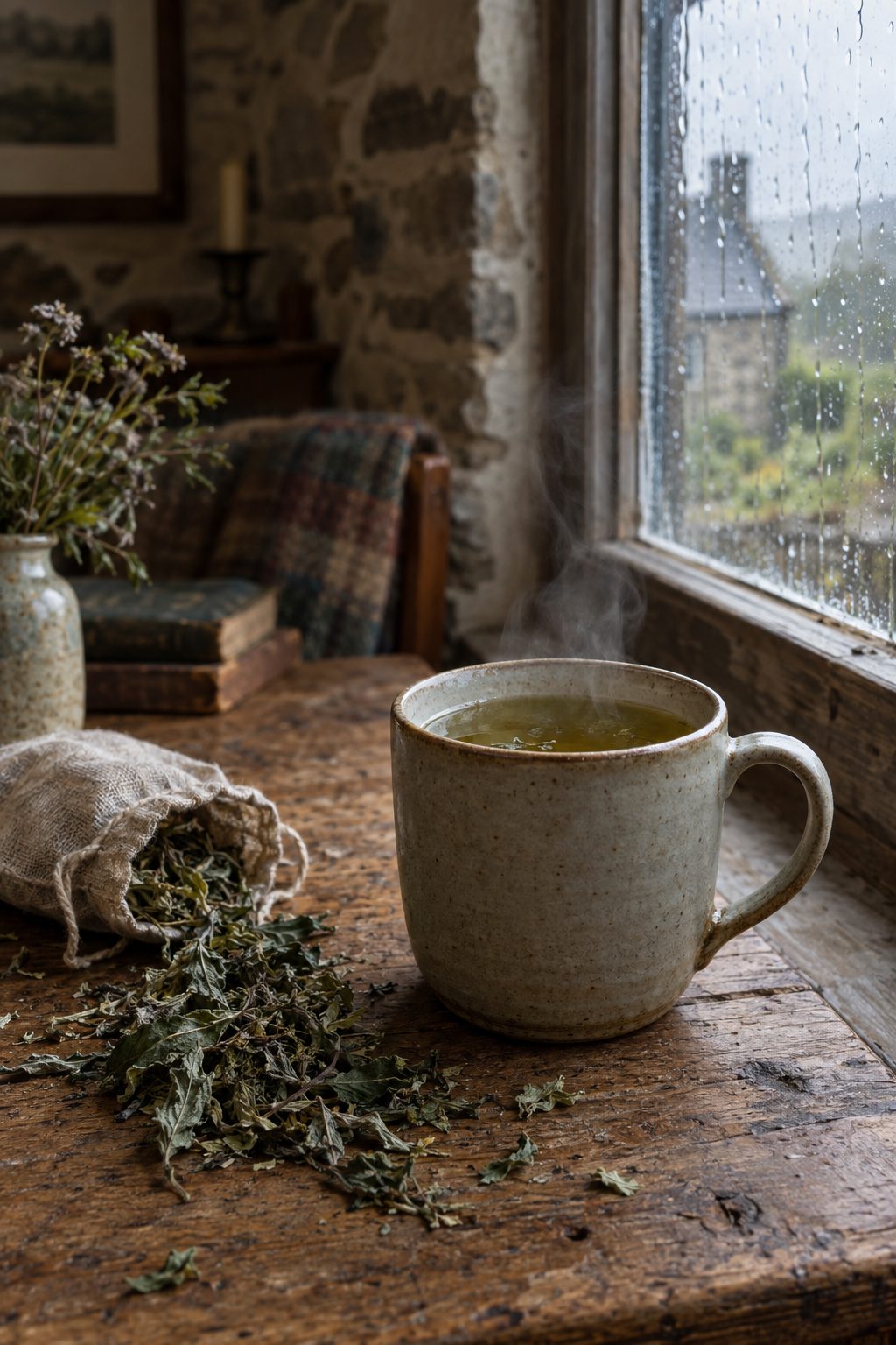 Cup of mugwort lucid dream tea on oak table with dried leaves and rainy window