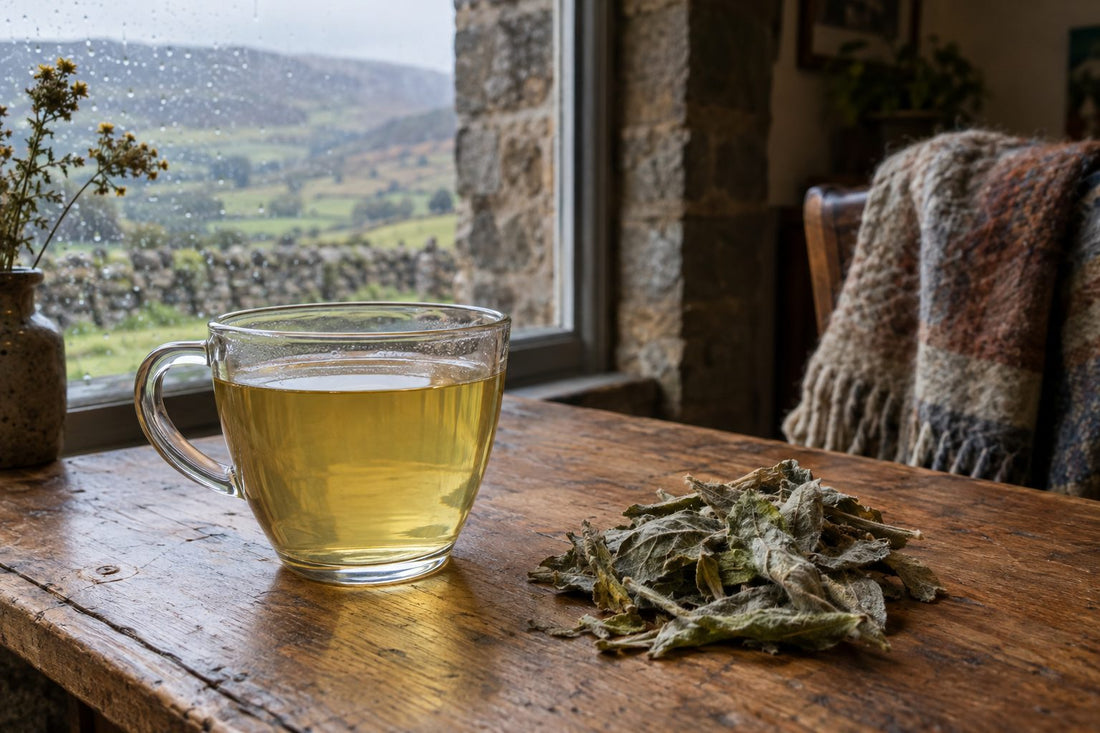 Glass cup of pale mullein tea beside dried mullein leaves on an oak table with natural light