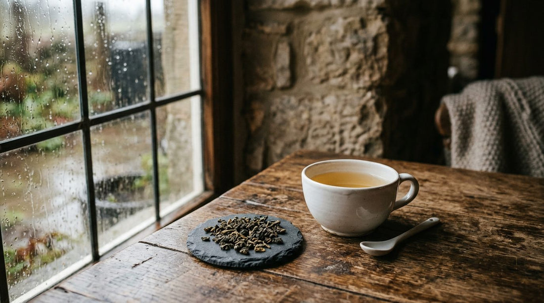 Cup of pale golden oolong tea on oak table with loose leaves and rainy window light