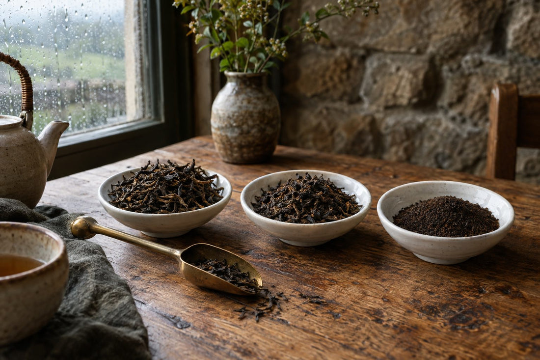 Different grades of orange pekoe black tea leaves arranged in ceramic dishes on an oak table