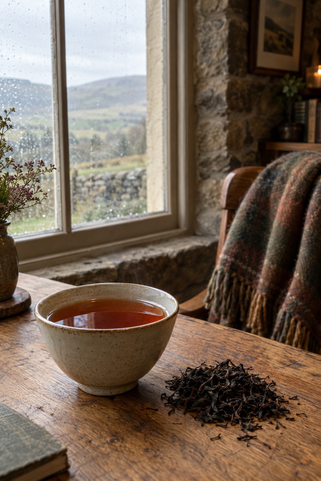 Cup of Keemun tea with reddish amber liquor and loose black tea leaves on an oak table