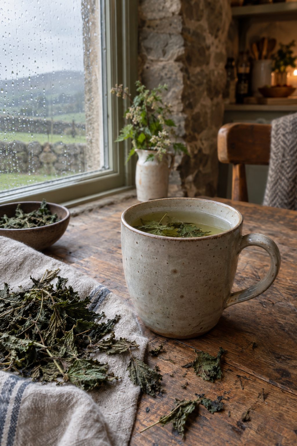 A mug of pale green nettle tea on an oak table with dried nettle leaves and rainy window light