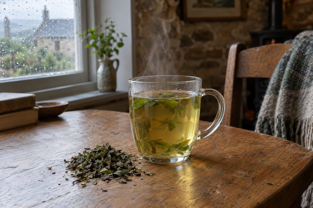 Glass mug of peppermint tea with loose dried peppermint leaves on an oak table in soft daylight