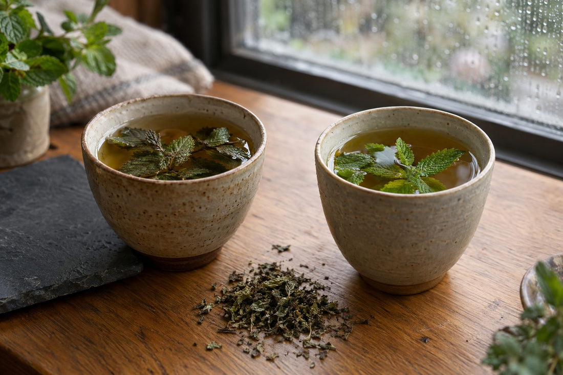 Two cups of mint tea comparing peppermint and spearmint leaves on an oak table