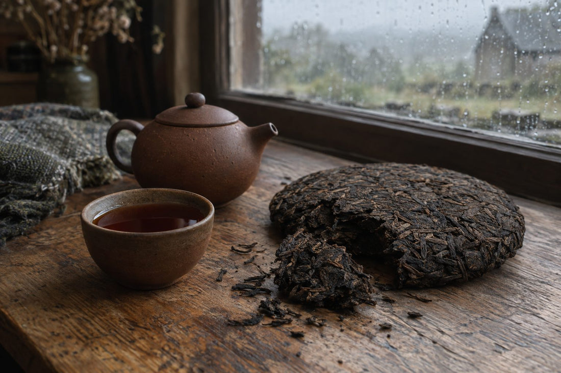 Dark pu-erh tea in a clay cup beside a compressed tea cake on an oak table