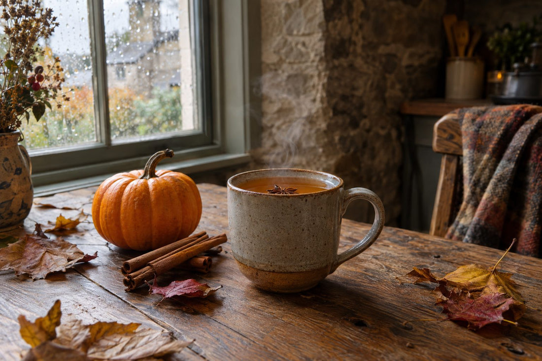 Cup of pumpkin spice tea with cinnamon sticks and a small pumpkin on an oak table