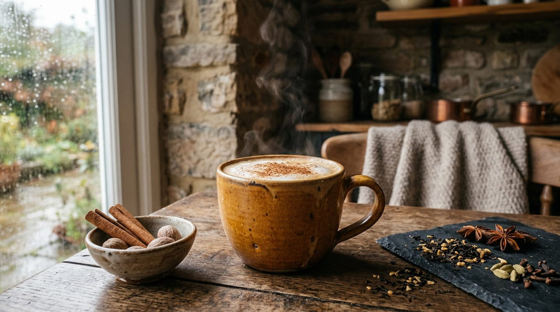 Pumpkin spice tea latte in a ceramic mug with cinnamon sticks and chai leaves on a rustic table
