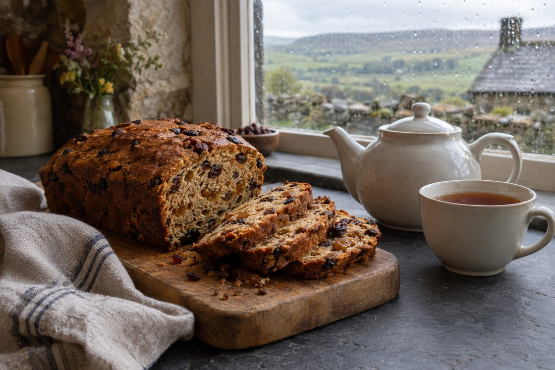 Sliced fruit tea loaf on a wooden board beside a pot of strong tea in a Yorkshire kitchen