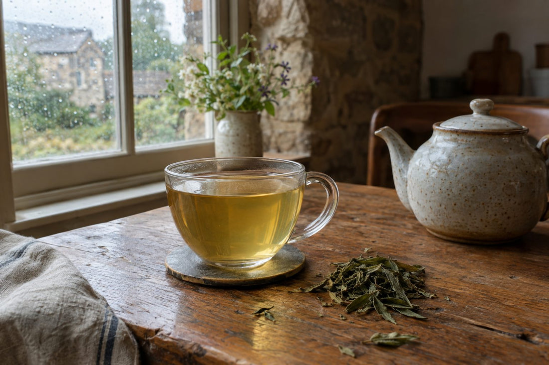 Glass cup of pale golden lemon verbena tea with dried leaves on an oak table