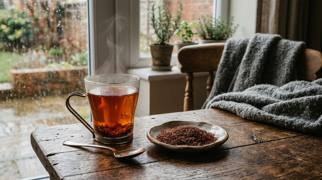 Glass cup of reddish-amber rooibos tea beside loose dried rooibos leaves on an oak table