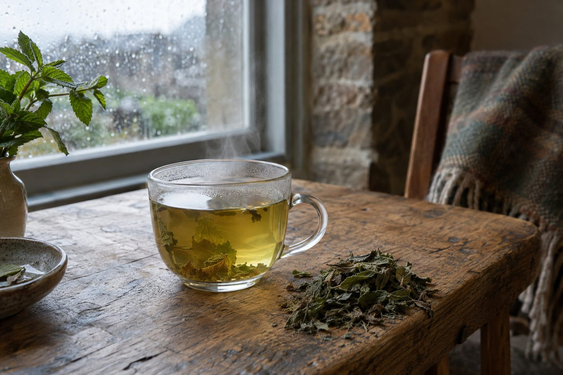 Glass cup of pale green spearmint tea with dried spearmint leaves on an oak table