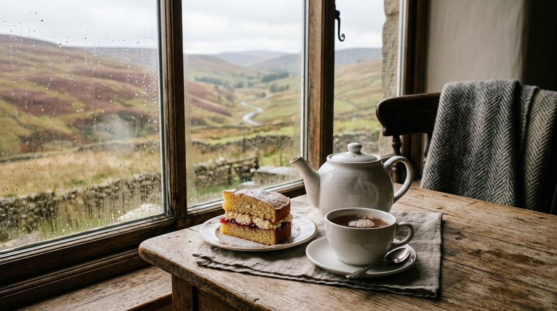 Cup of black tea and a slice of Victoria sponge cake on an oak table, perfect tea and cake pairing