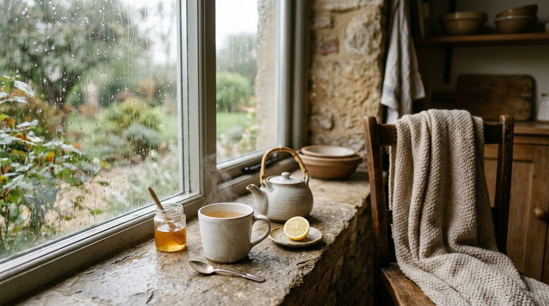 Cup of golden tea on a stone windowsill with soft rain outside, caffeine in pregnancy guide