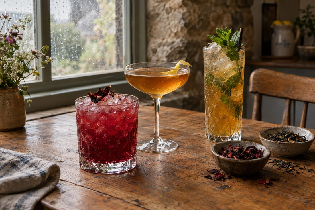 Three tea cocktails on an oak table including hibiscus cobbler Earl Grey martini and iced tea drink
