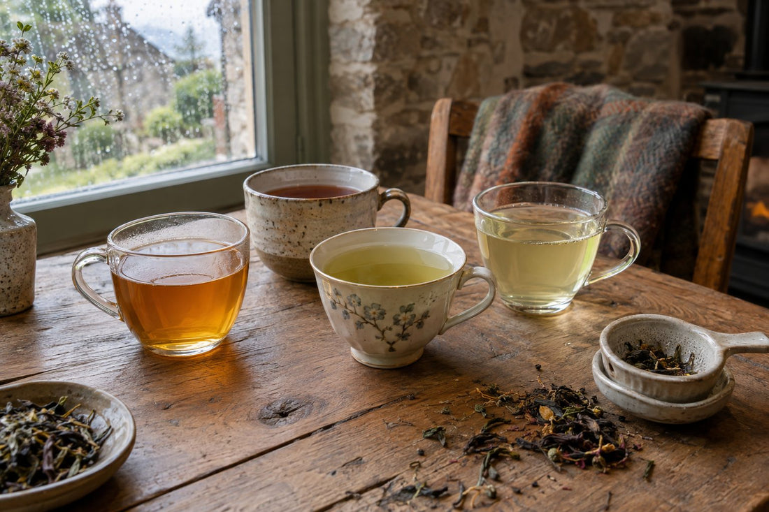 Four cups of decaf tea showing different colours from amber to green on an oak kitchen table
