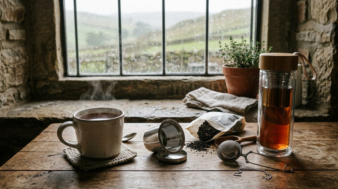 Three types of tea infuser on an oak table with a steaming mug of loose leaf tea
