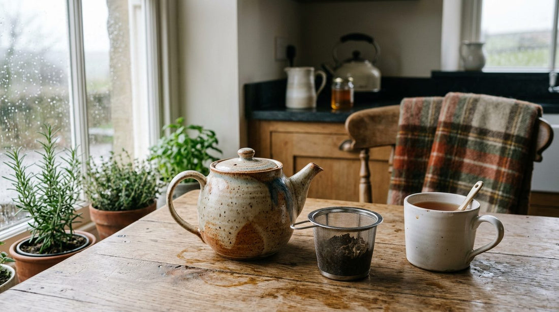 Ceramic teapot with infuser basket and loose leaf tea on an oak table in soft daylight