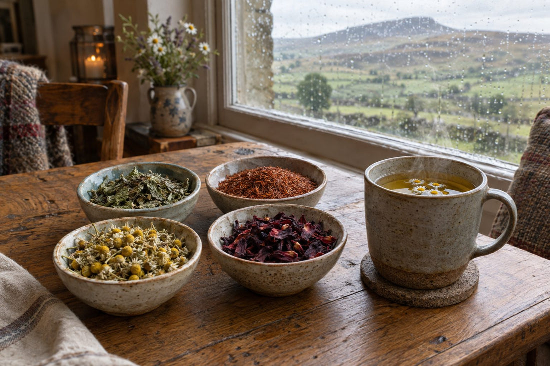 Selection of loose herbal teas including chamomile and hibiscus on an oak table with a steaming mug