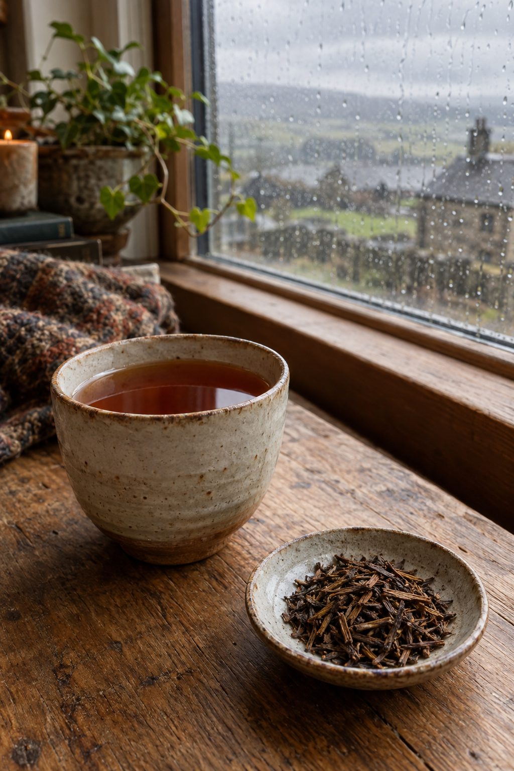 Cup of reddish-brown hojicha tea beside loose roasted leaves on an oak table with rainy window