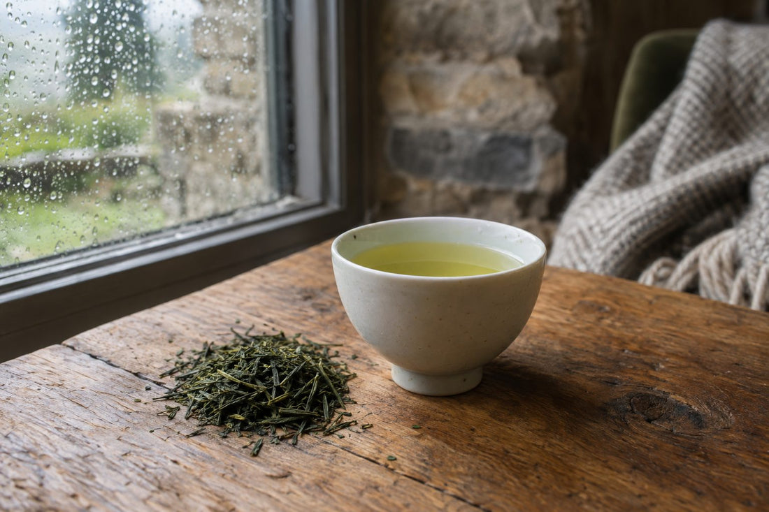Pale green sencha tea in a white cup beside dry needle-shaped sencha leaves on an oak table