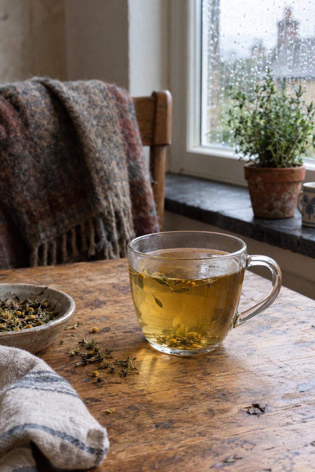 Clear glass cup of pale amber herbal detox tea on oak table with soft natural light