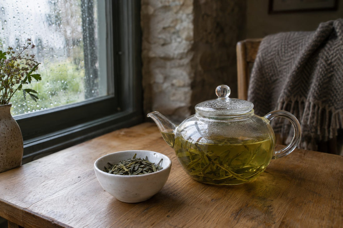 Loose leaf organic green tea in a white bowl with glass teapot on oak table by rainy window