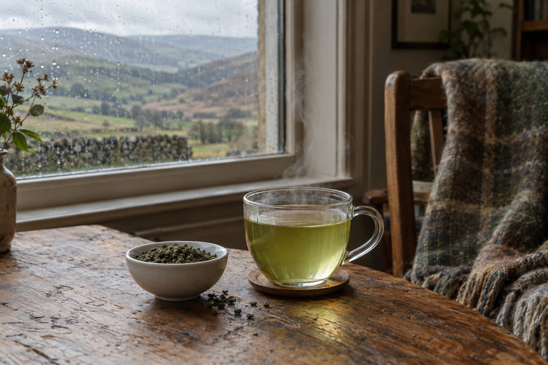 Glass cup of pale green tea with loose leaves on an oak table by a rainy window